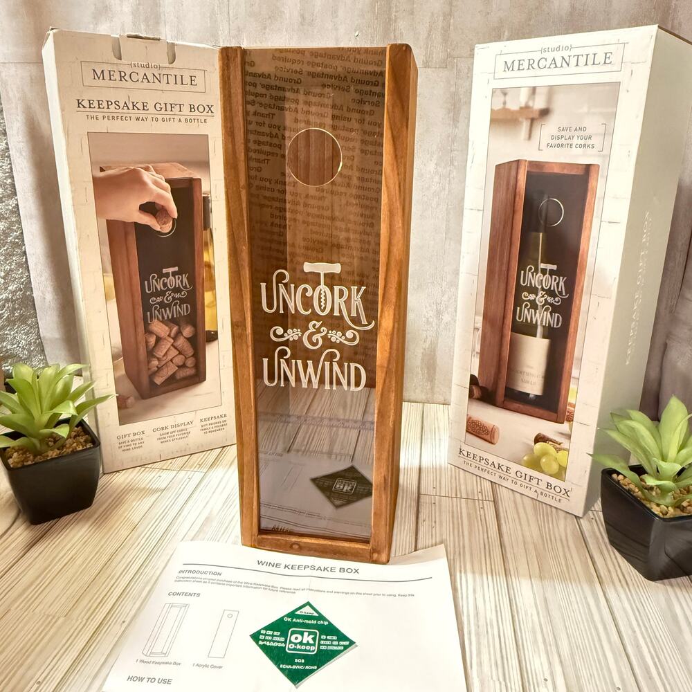 Studio Mercantile Keepsake Wine Gift Box Cork Display Uncork & Unwind NEW